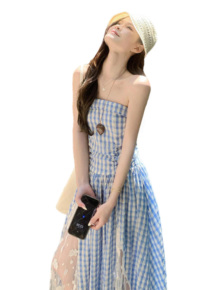 ブルーチェックロングワンピース