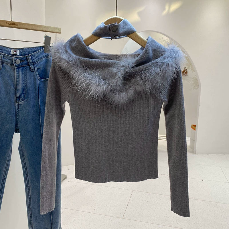 デザインファーオフショルダートップス tp19