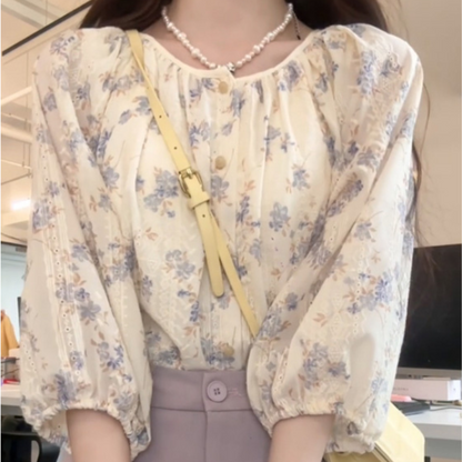 花柄レース七分丈トップス