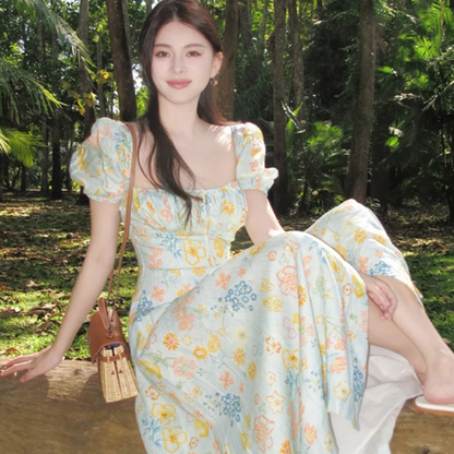 スクエアネックカラフルフラワーワンピース