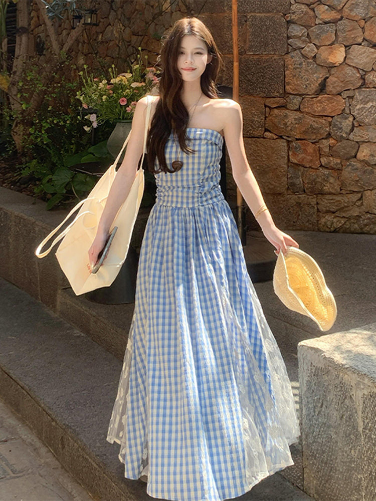 ブルーチェックロングワンピース