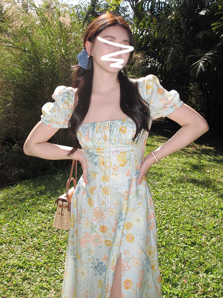 スクエアネックカラフルフラワーワンピース