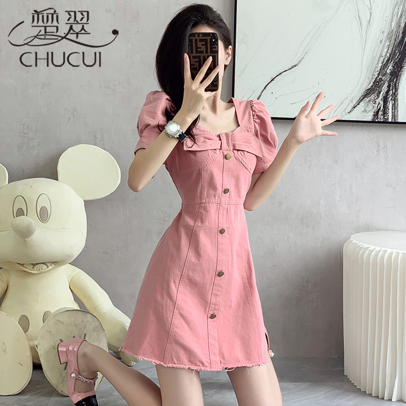 パフスリーブデニムミニワンピース