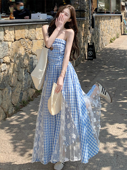 ブルーチェックロングワンピース