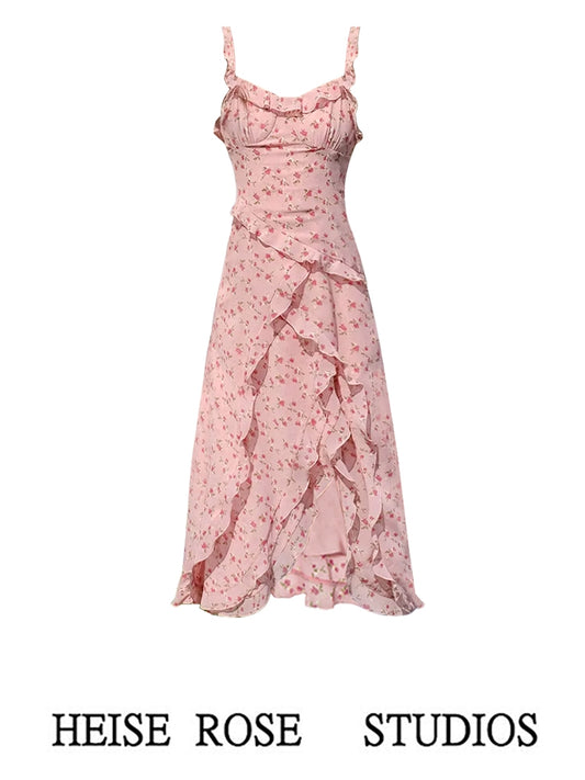 花柄フリルロングワンピース