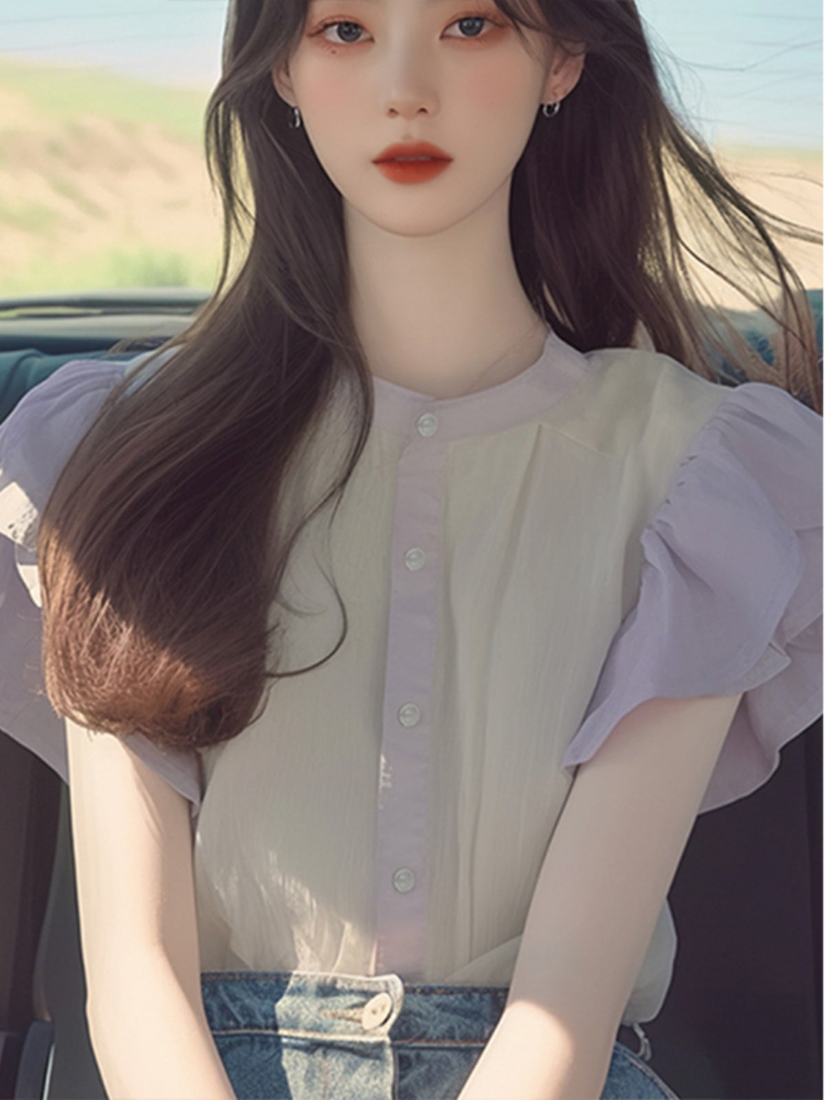 フリルスリーブシフォンシャツ