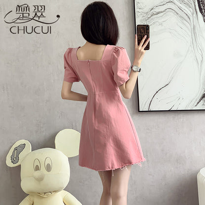 パフスリーブデニムミニワンピース