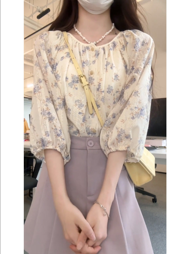 花柄レース七分丈トップス