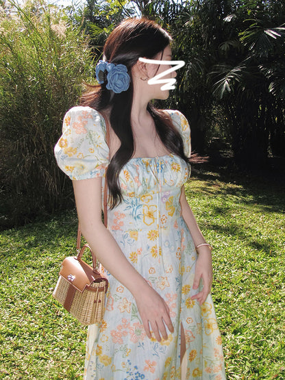 スクエアネックカラフルフラワーワンピース