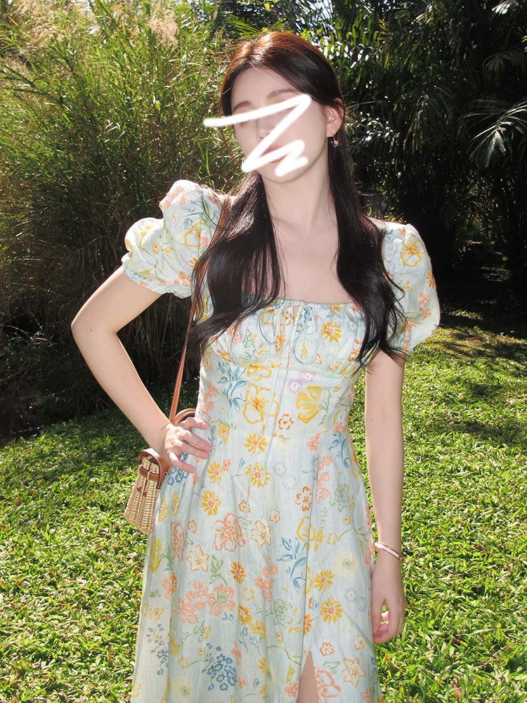 スクエアネックカラフルフラワーワンピース