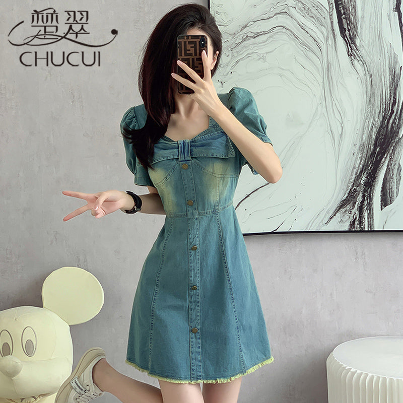 パフスリーブデニムミニワンピース