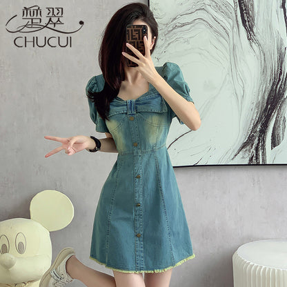 パフスリーブデニムミニワンピース