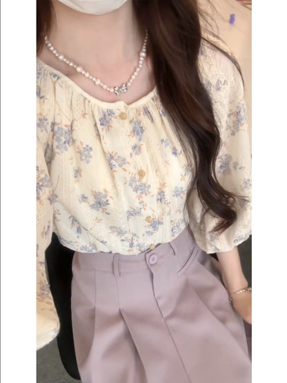 花柄レース七分丈トップス