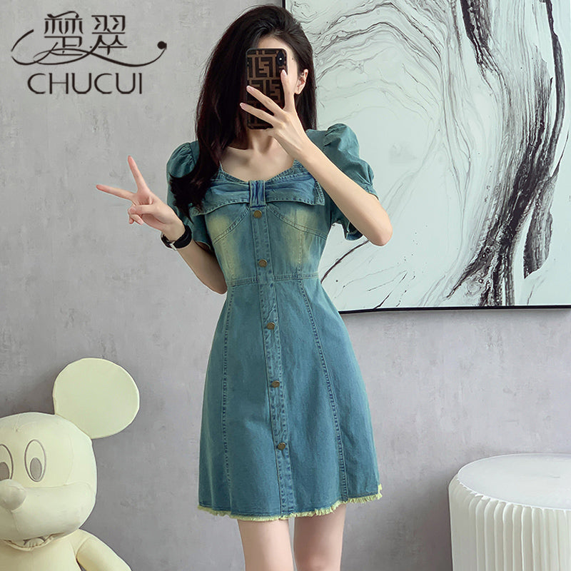 パフスリーブデニムミニワンピース