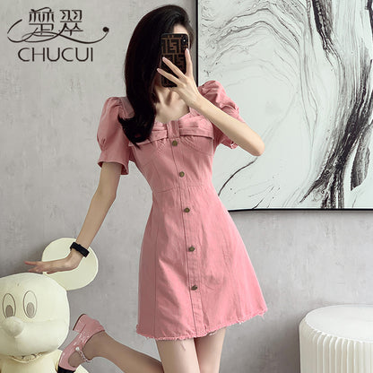 パフスリーブデニムミニワンピース