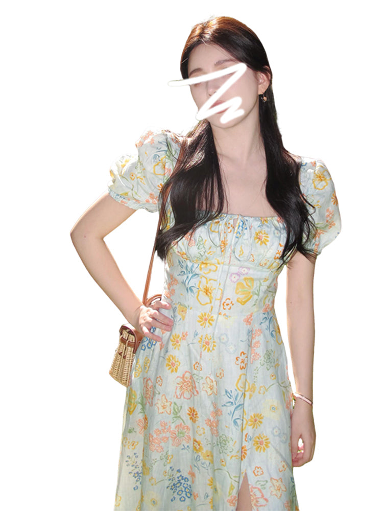 スクエアネックカラフルフラワーワンピース